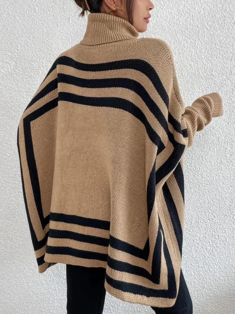 Striped Turtleneck Sweater with Batwing Sleeves and Pockets