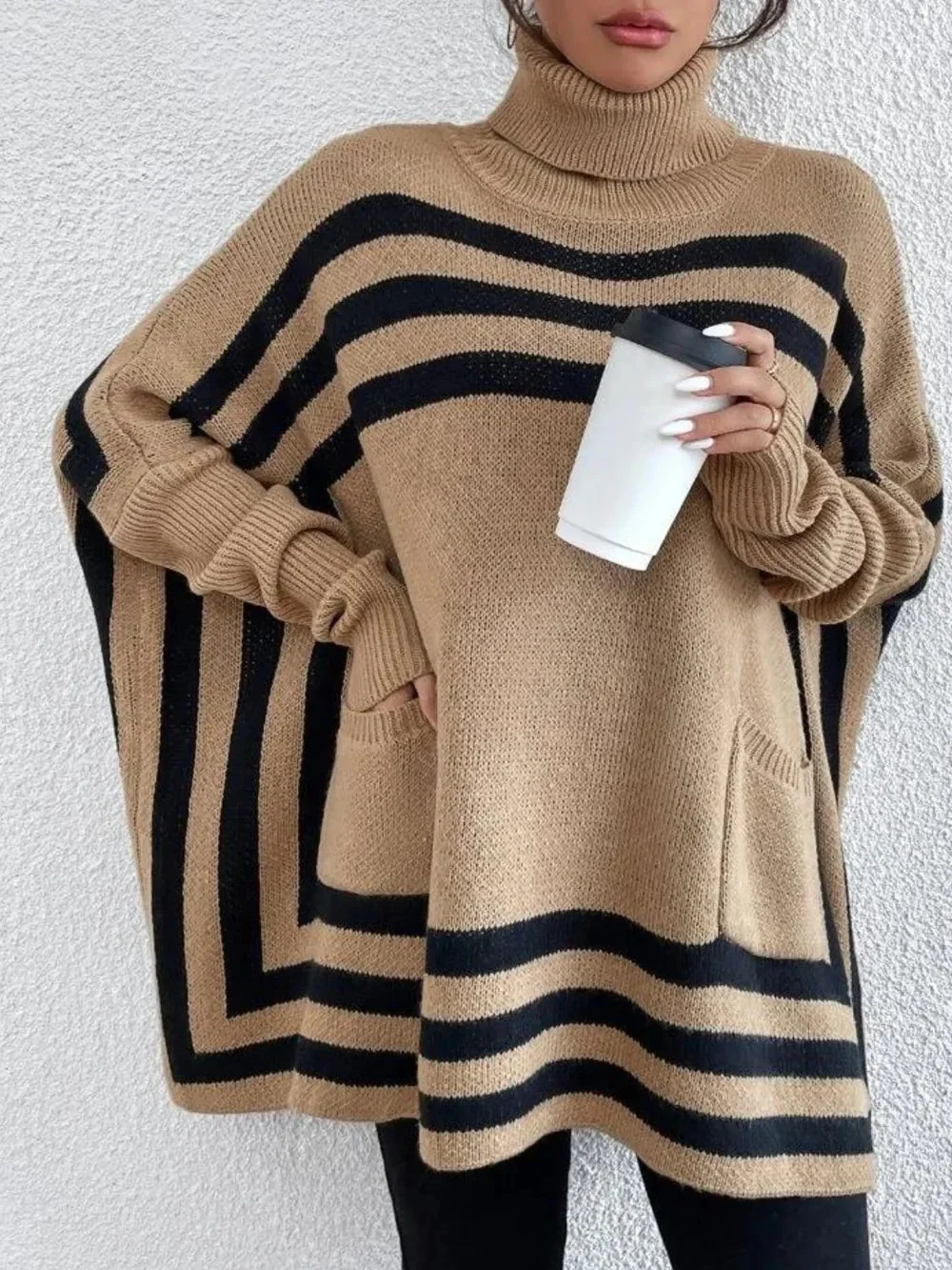 Striped Turtleneck Sweater with Batwing Sleeves and Pockets