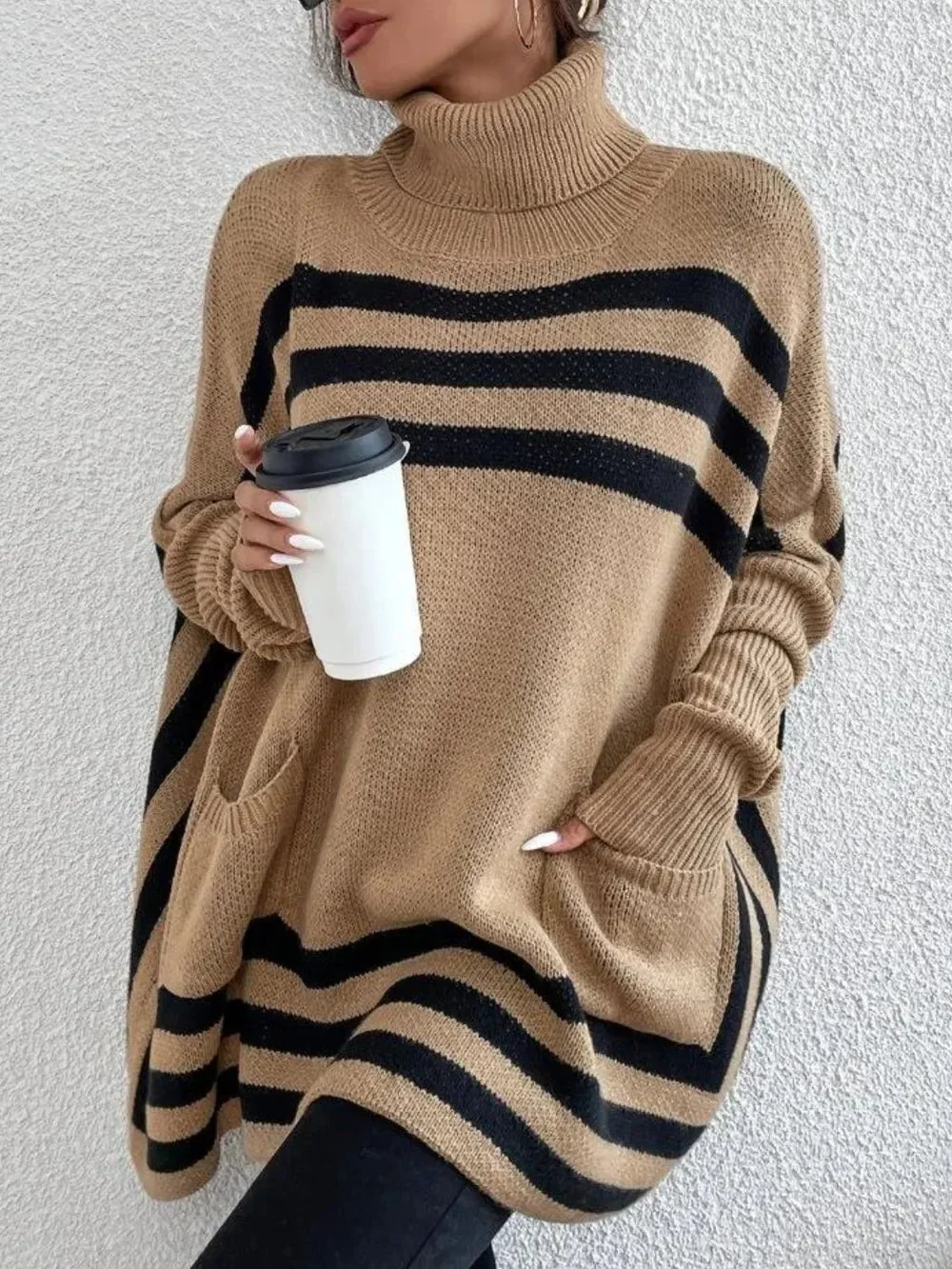 Striped Turtleneck Sweater with Batwing Sleeves and Pockets