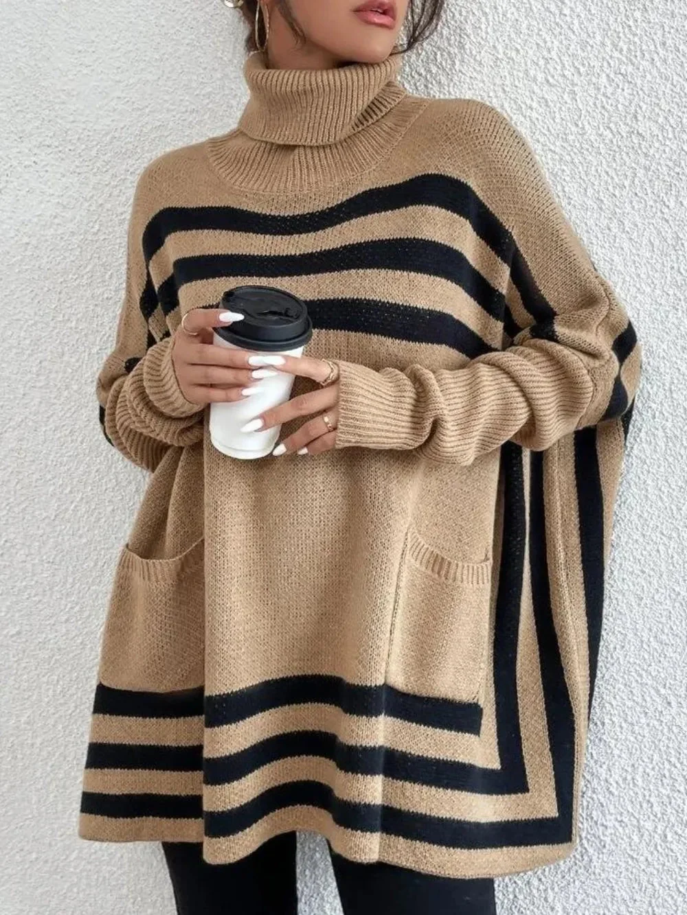 Striped Turtleneck Sweater with Batwing Sleeves and Pockets