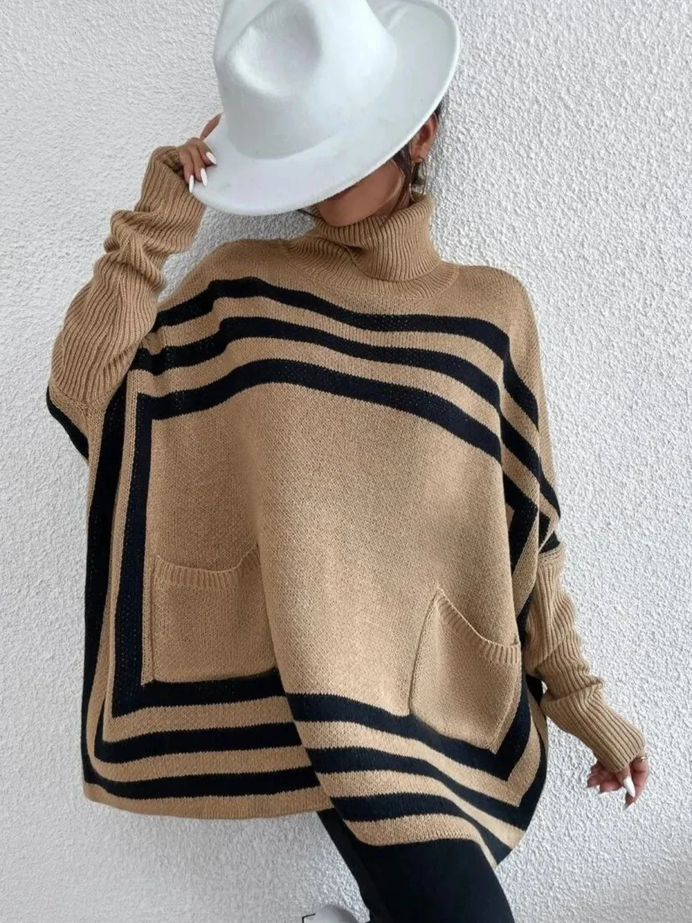 Striped Turtleneck Sweater with Batwing Sleeves and Pockets