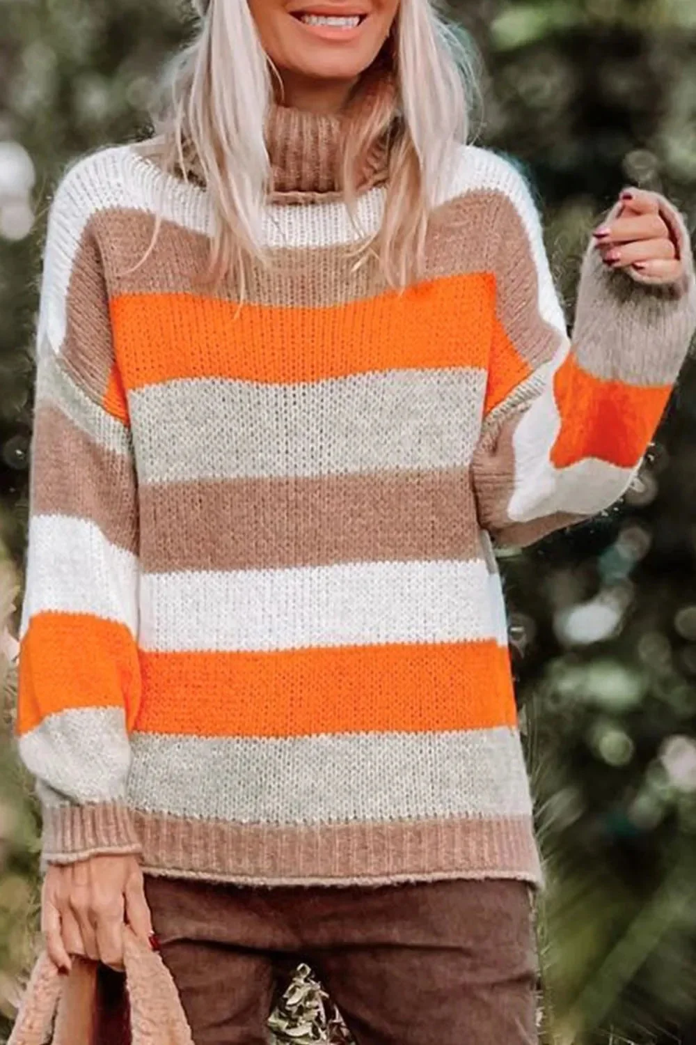Stripe Drop Shoulder Turtleneck Sweater