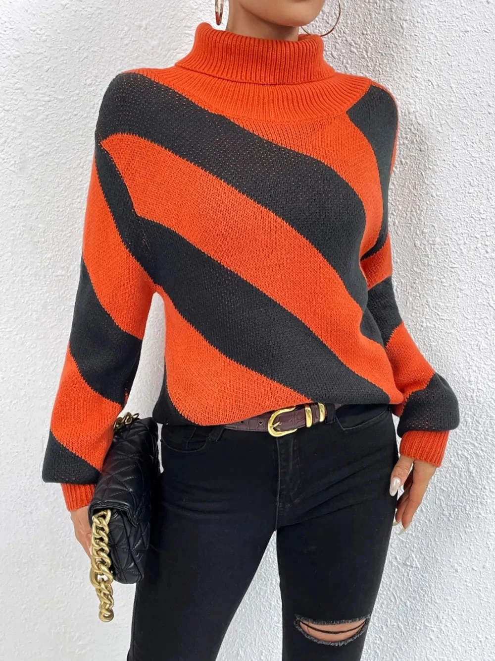 Cozy Striped Turtleneck Sweater in Dropped Shoulder Style