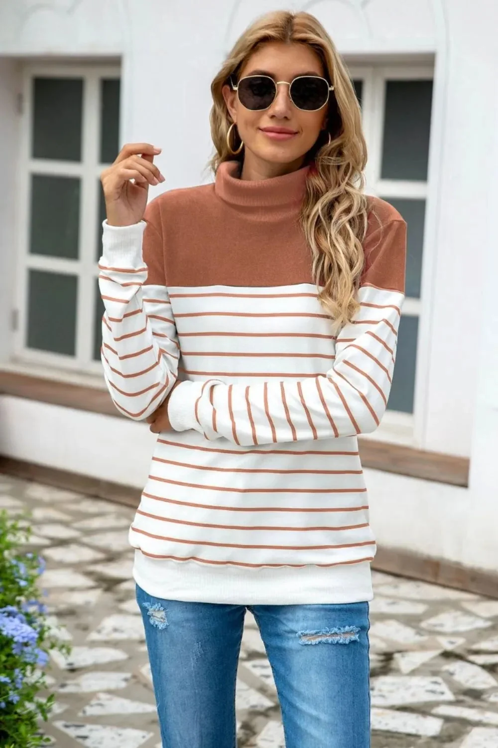 Contrast Striped Turtleneck Sweater in Various Colors