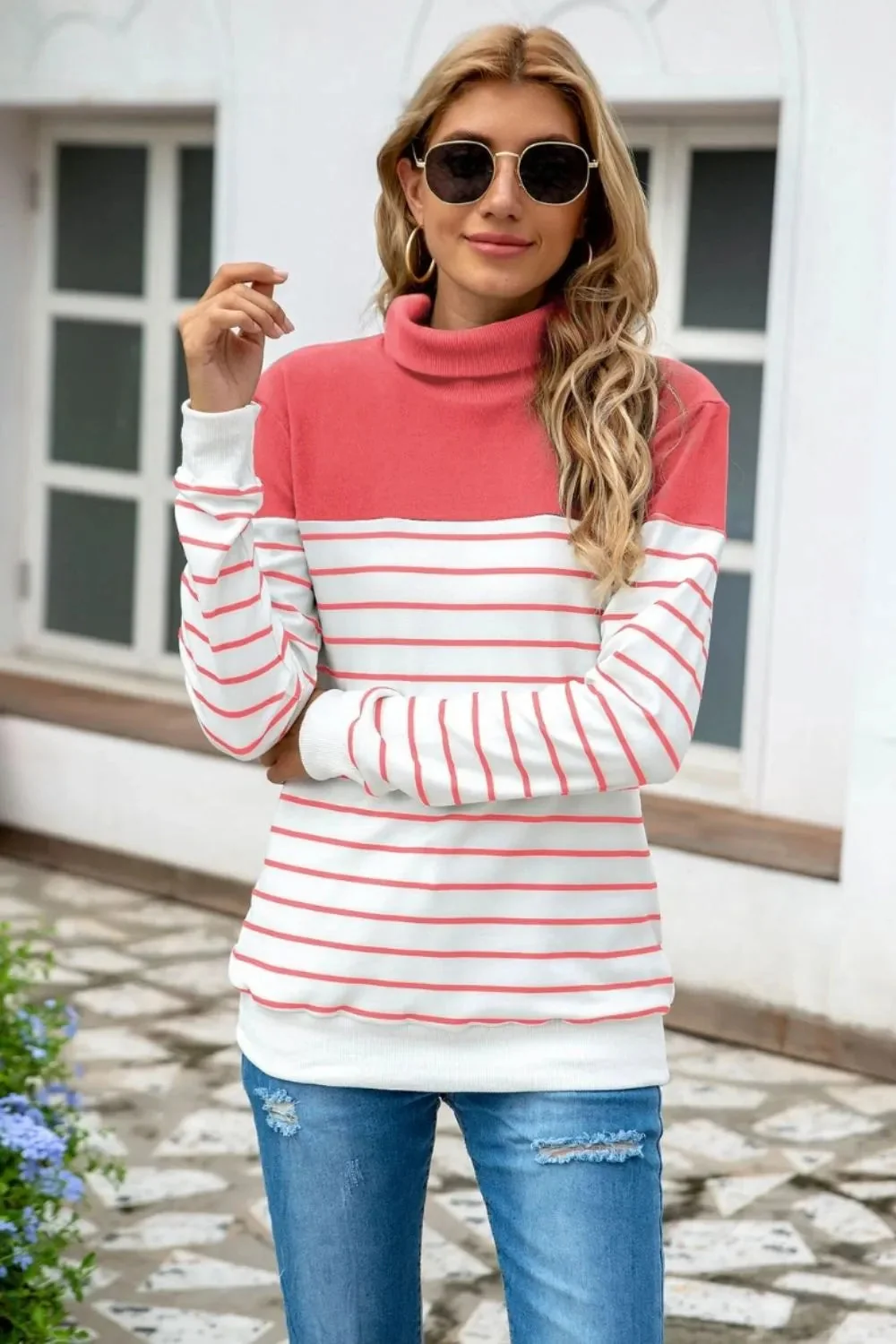 Contrast Striped Turtleneck Sweater in Various Colors
