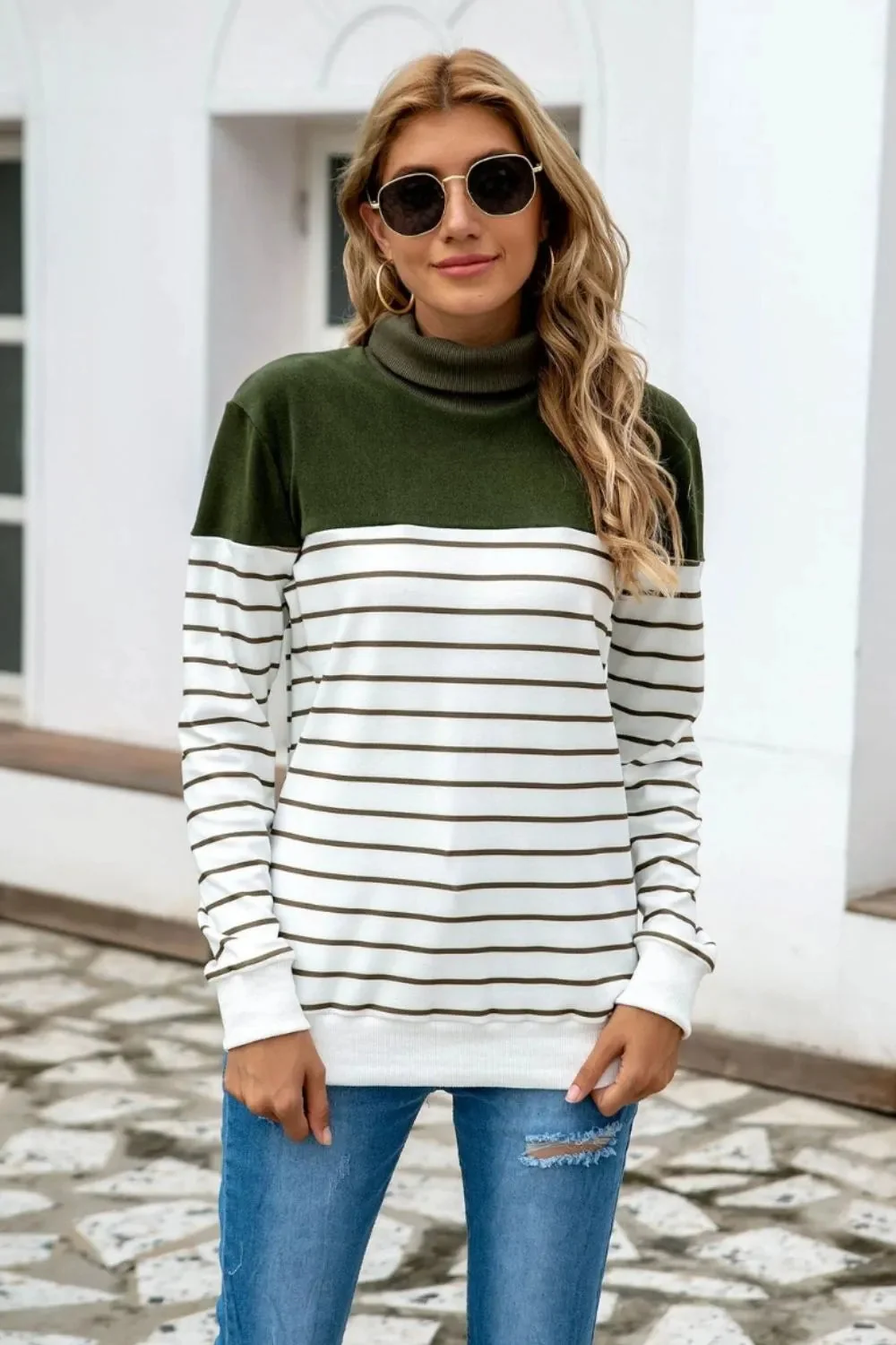 Contrast Striped Turtleneck Sweater in Various Colors