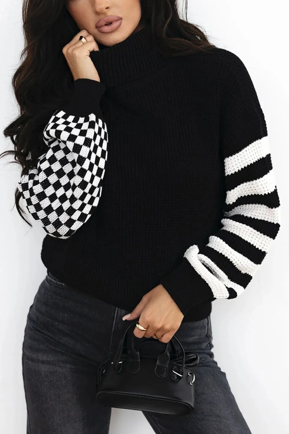 Cozy Striped Checkered Sweater with Turtleneck