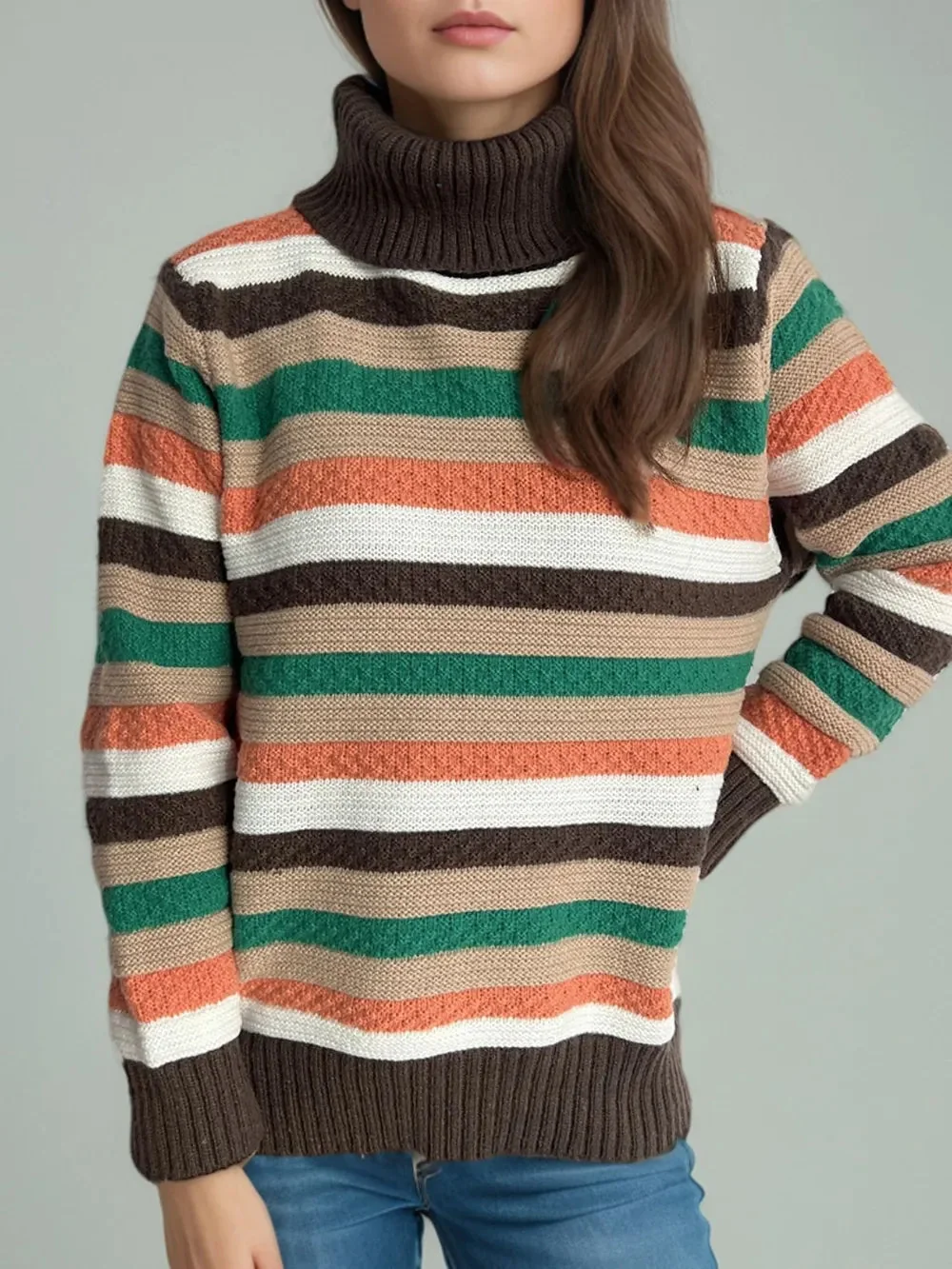 Turtleneck Long Sleeve Sweater with Contrast Stripes