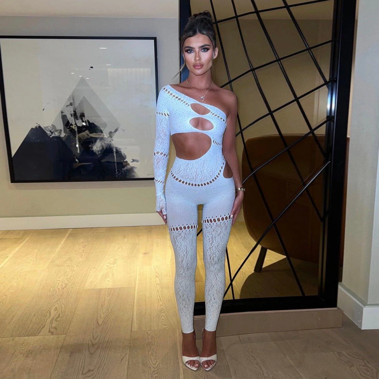 White Rhinestone Embellished One-Shoulder Jumpsuit