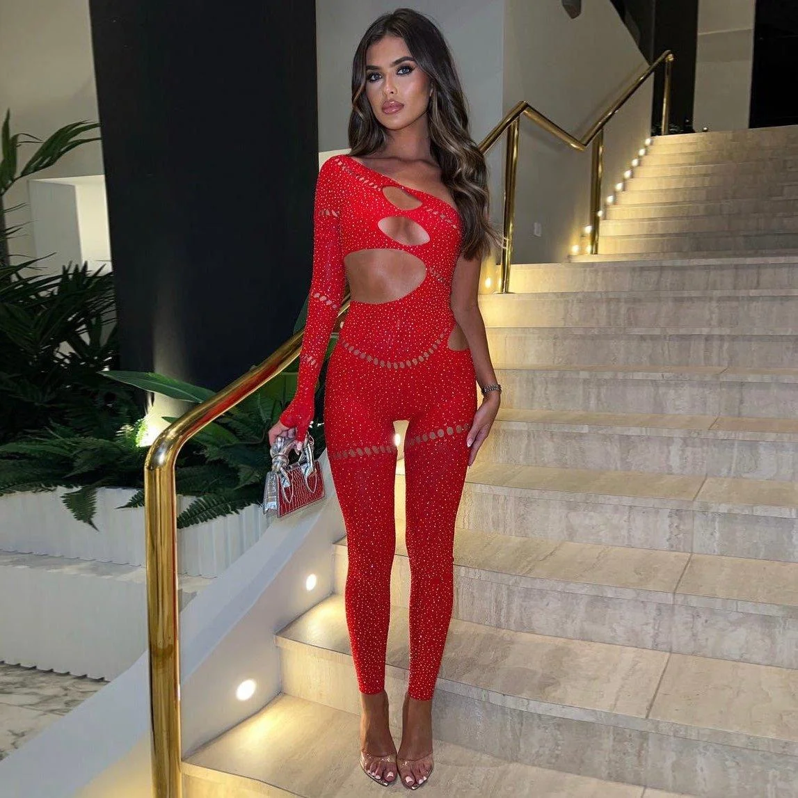 Rhinestone Embellished Red Jumpsuit for Glamorous Evenings