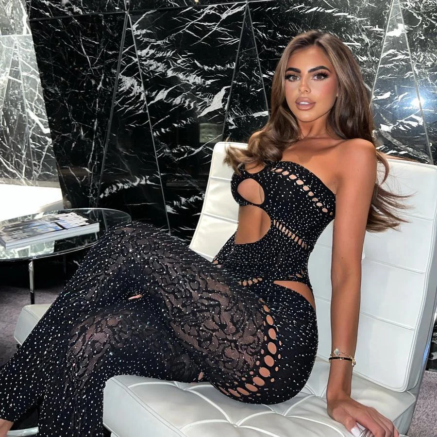 Black Rhinestone Embellished Evening Jumpsuit