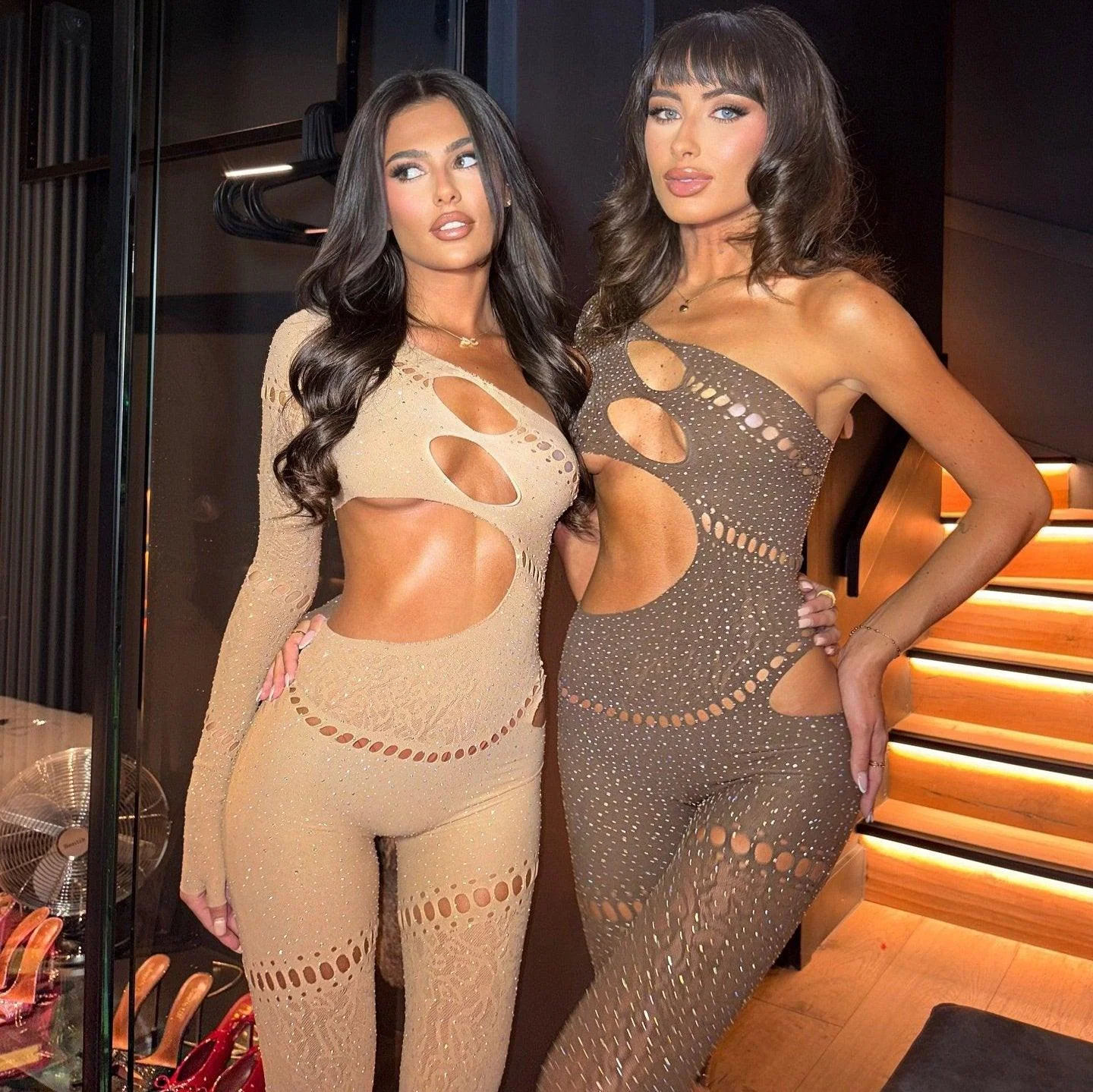 Brown Rhinestone Embellished Jumpsuit for Glamorous Evenings