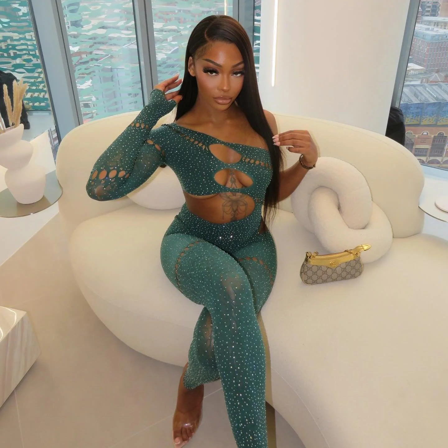 Dark Green Rhinestone Embellished One-Sleeve Evening Jumpsuit