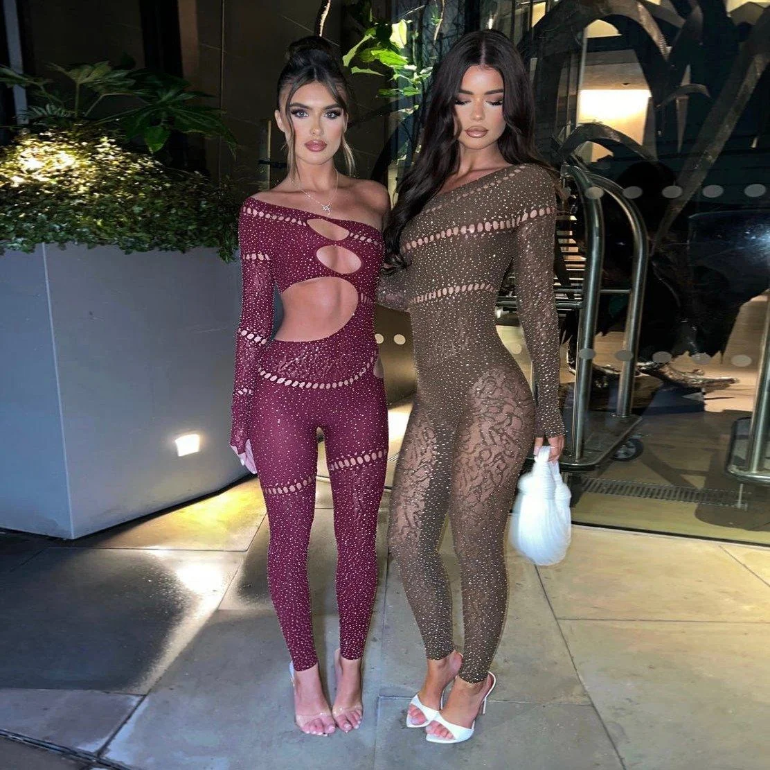 Rhinestone Embellished Burgundy Jumpsuit for Women