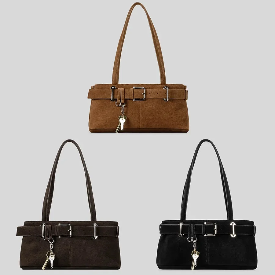 Chic Suede Shoulder Bag with Belt Buckle Accent