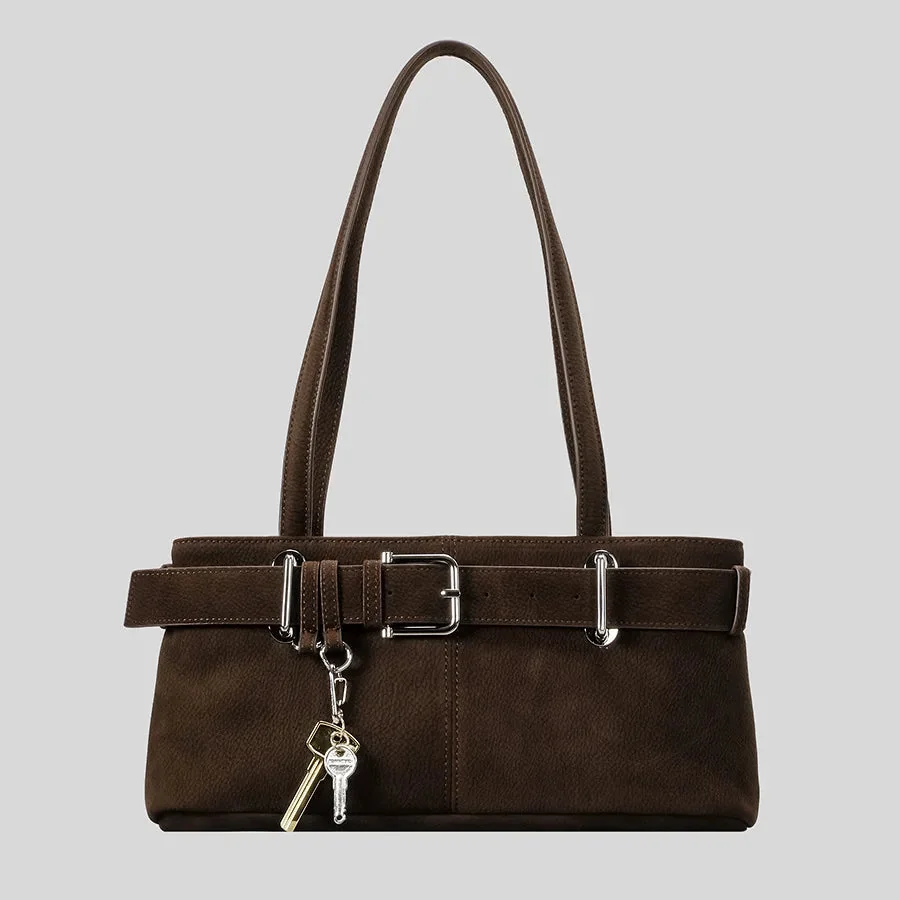 Chic Suede Shoulder Bag with Belt Buckle Accent