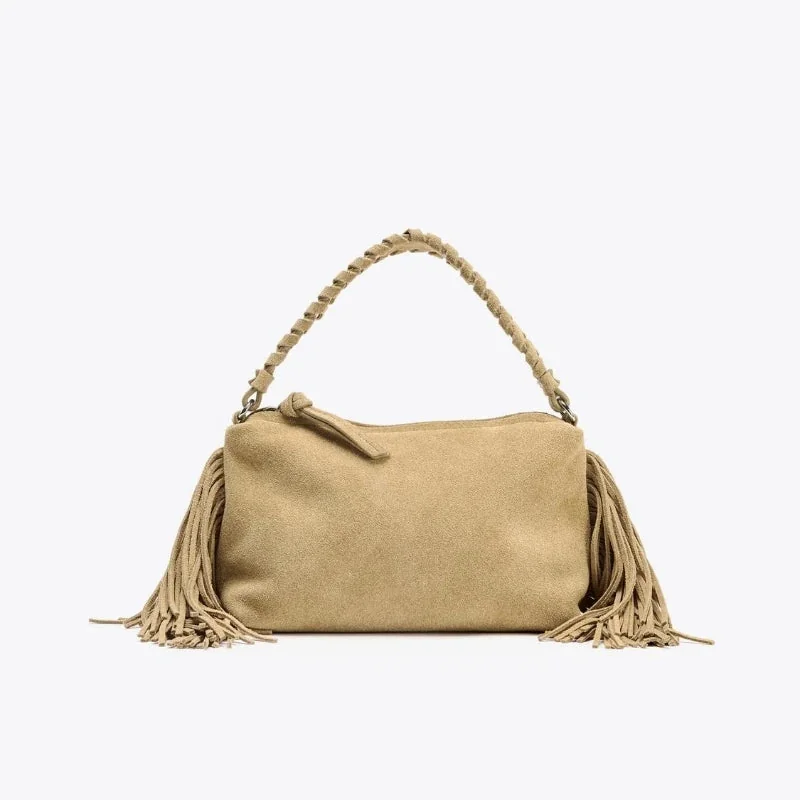 Beige Suede Fringed Handbag - Bohemian Elegance & Practicality