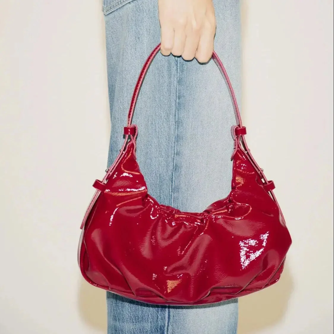 Red Ruched Shoulder Bag - Elegant & Spacious Design