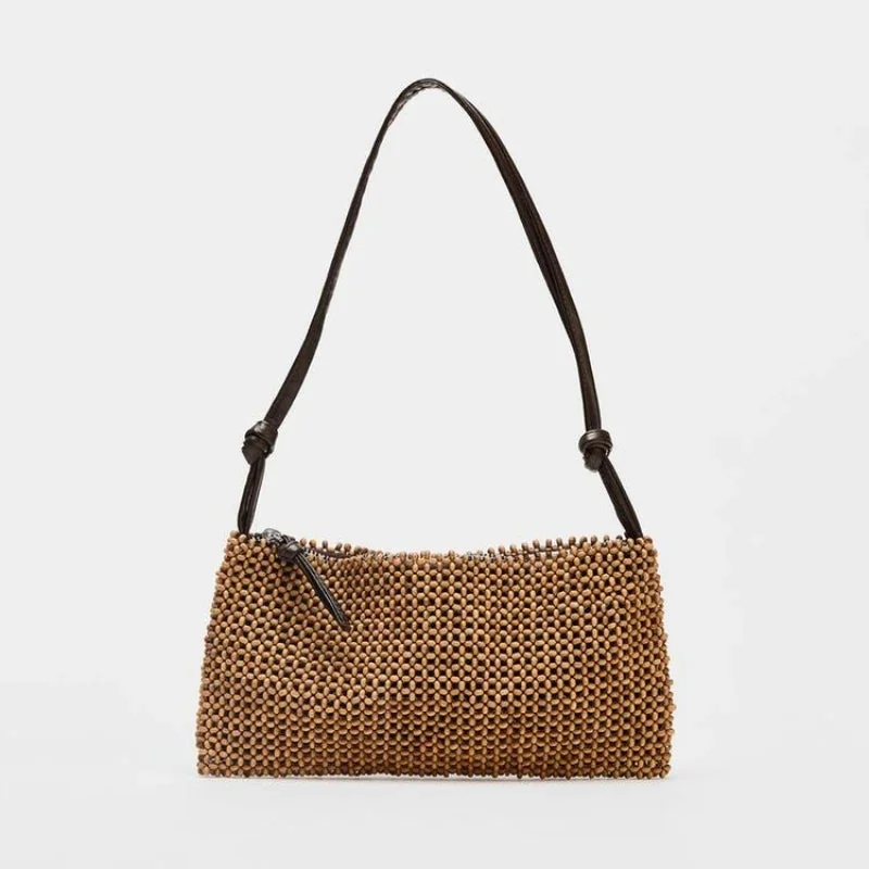 Sparkling Beads Grid Shoulder Bag - Elegant Bronze Design