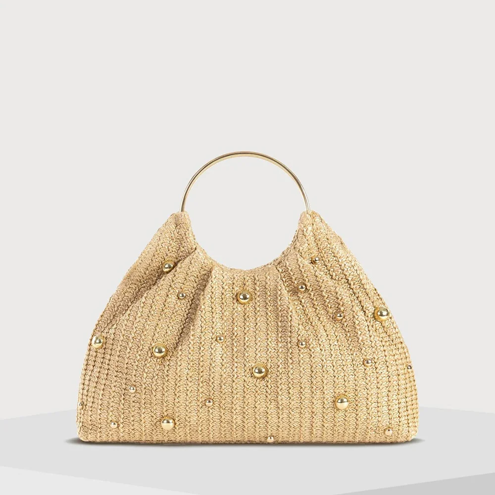 Beige Knitted Rivet Handbag - Spacious Compartment & Sturdy Straps