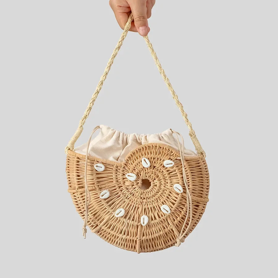 Khaki Rattan Conch Beach Bag with Seashell Embellishments
