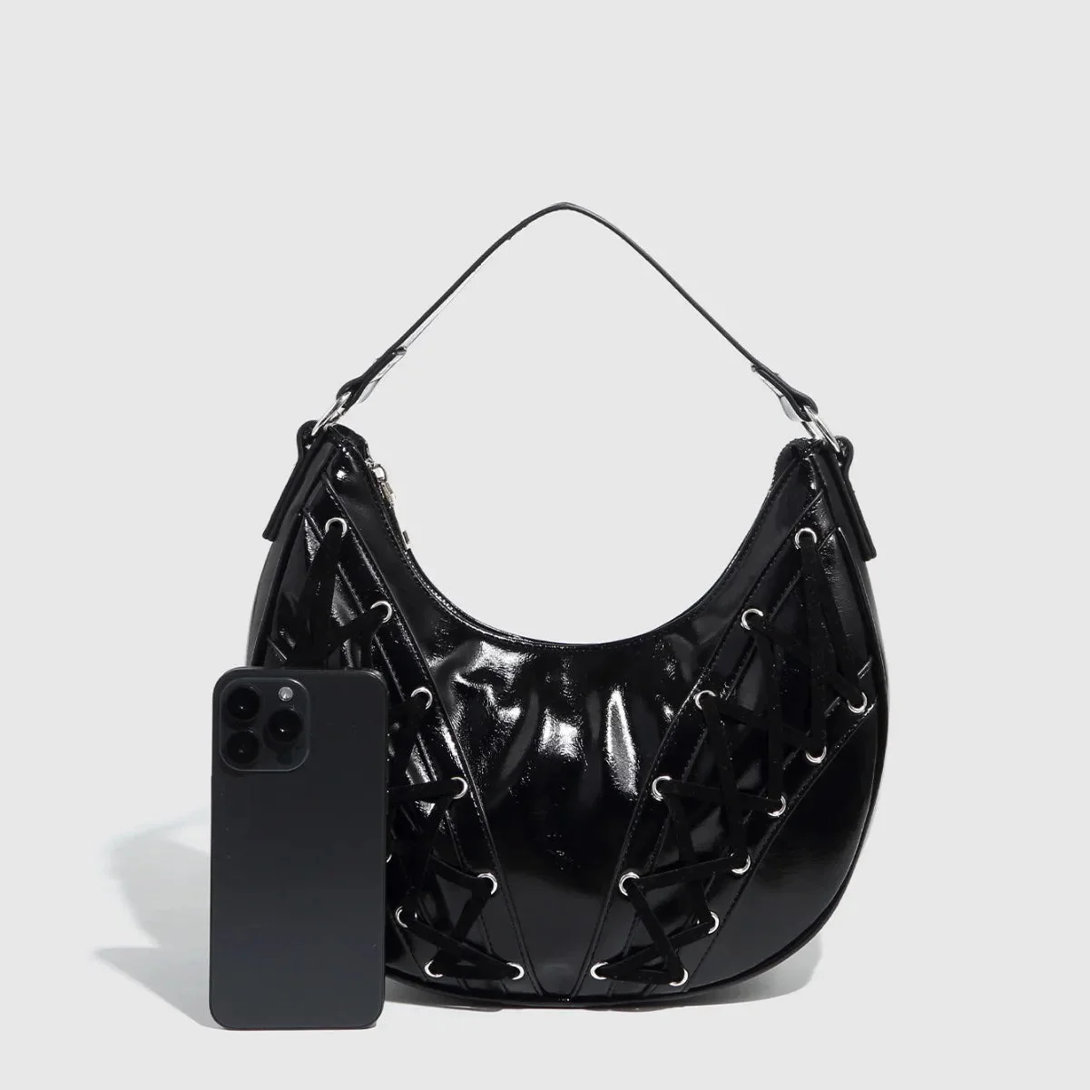 Half Moon Drawstring Handbag in Burgundy or Black