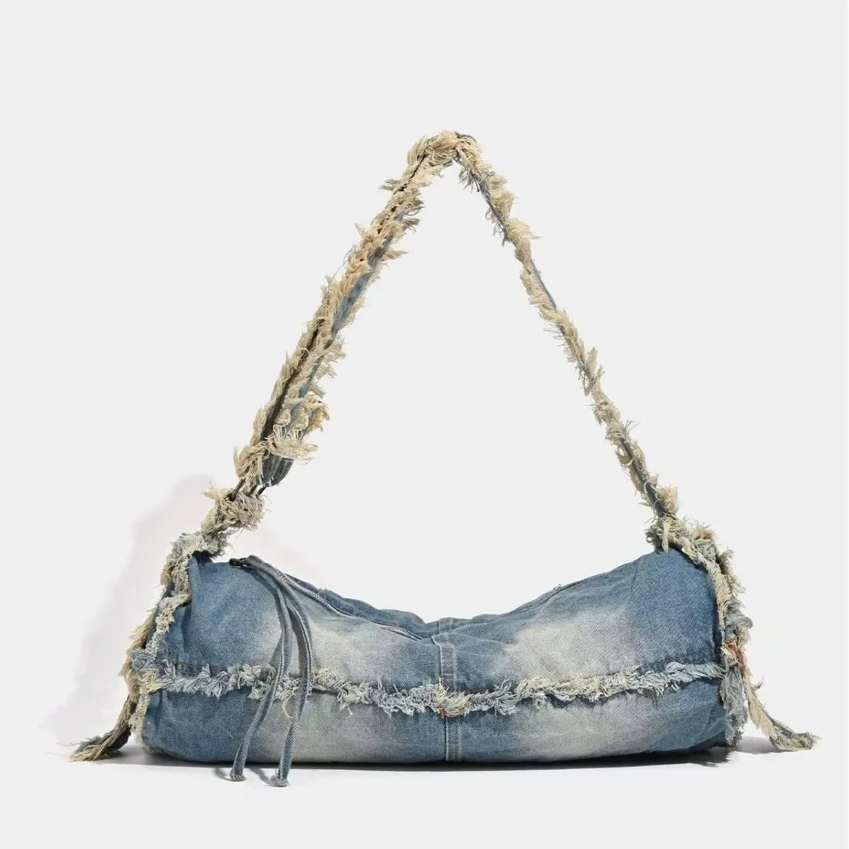 Fringe Baguette Denim Shoulder Bag