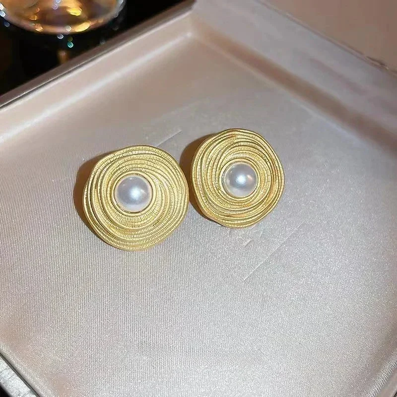 Gold Pearl Orbit Stud Earrings | Elegant Womens Jewelry