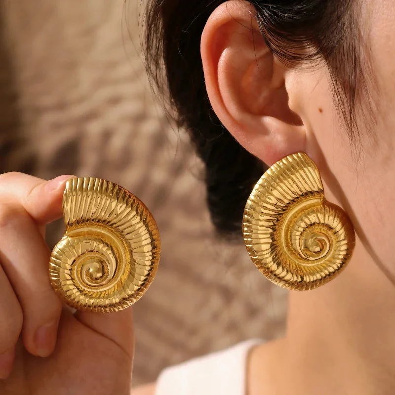 Golden Spiral Seashell Stud Earrings | Ocean Goddess Jewelry