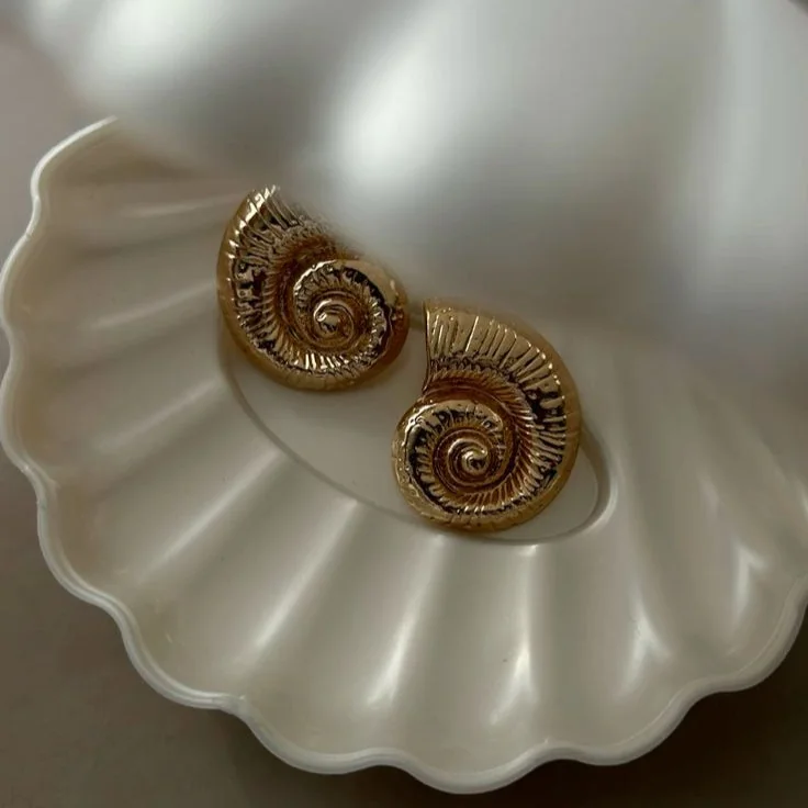 Golden Spiral Seashell Stud Earrings | Ocean Goddess Jewelry
