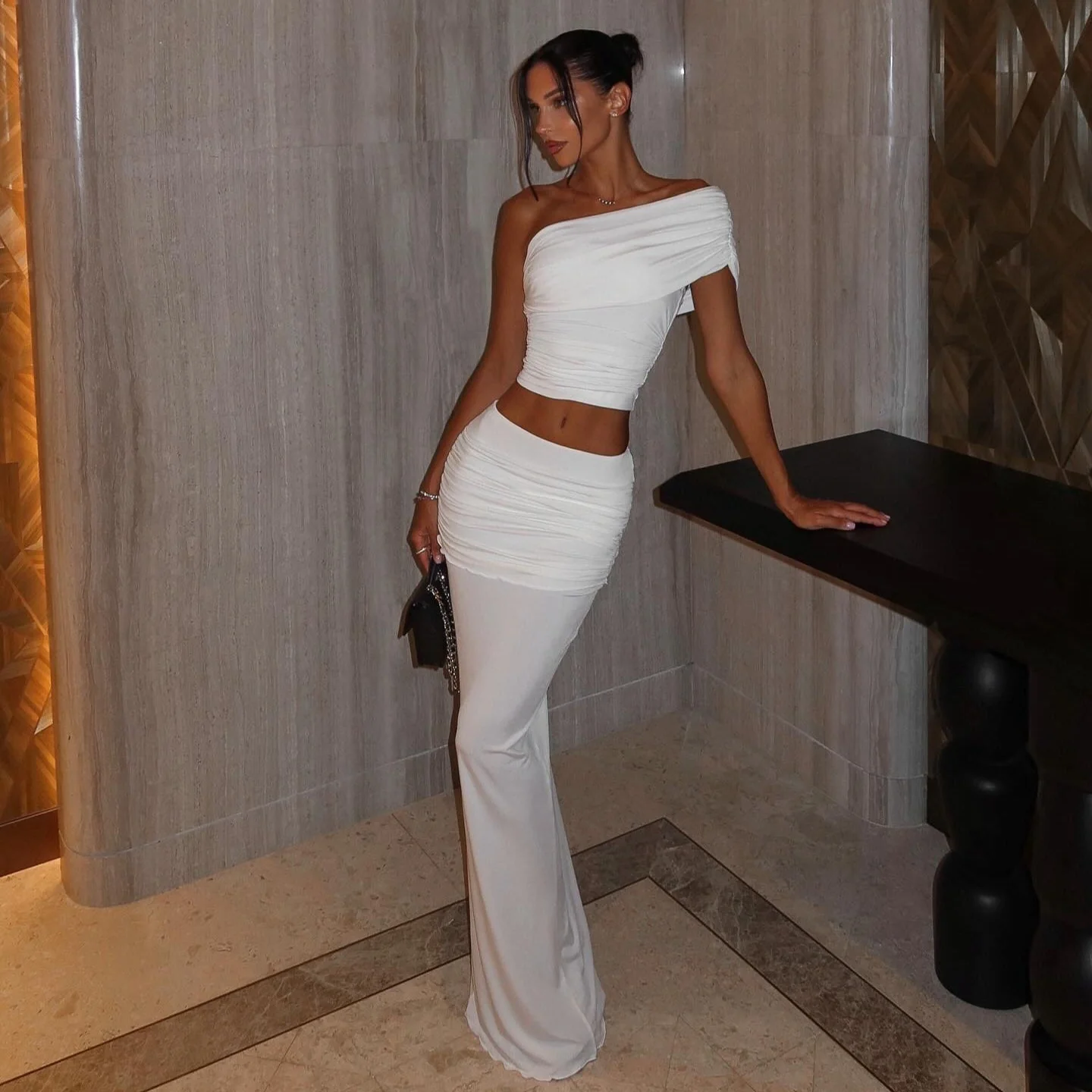 Elegant White One-Shoulder Matching Set for Women