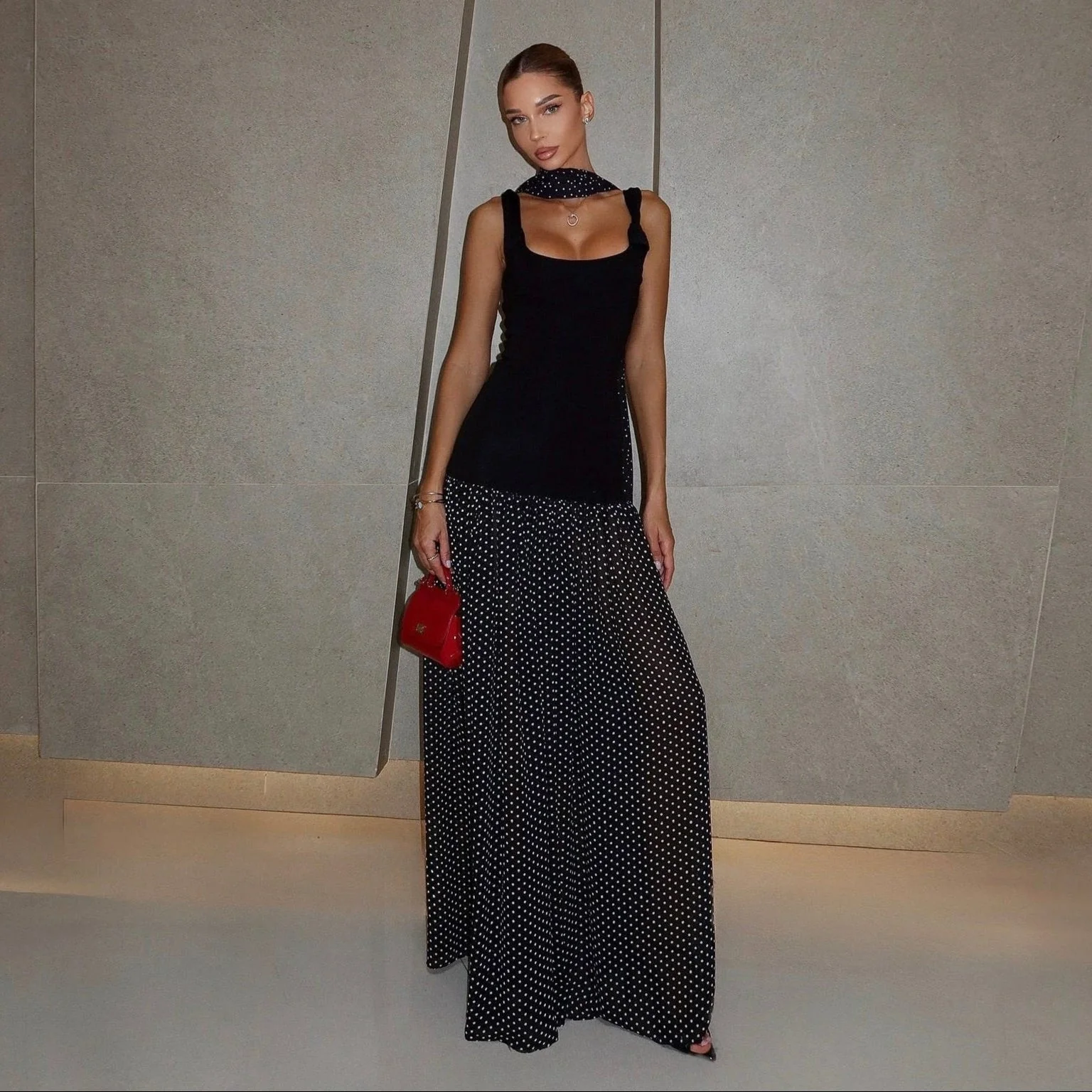 Chic Black Polka Dot Maxi Dress with Parisian Scarf Detail