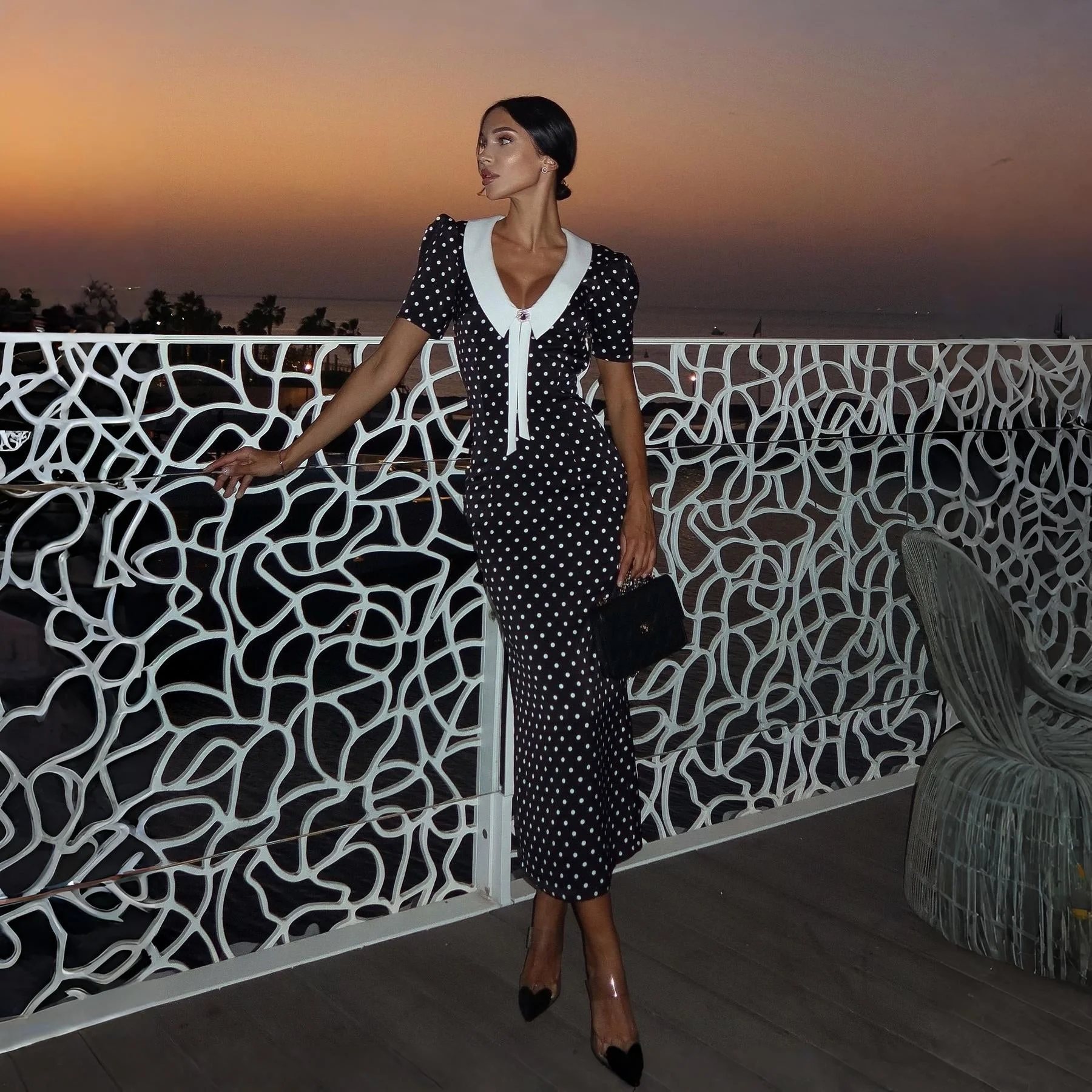 Vintage Polka Dot Midi Dress in Classic Black