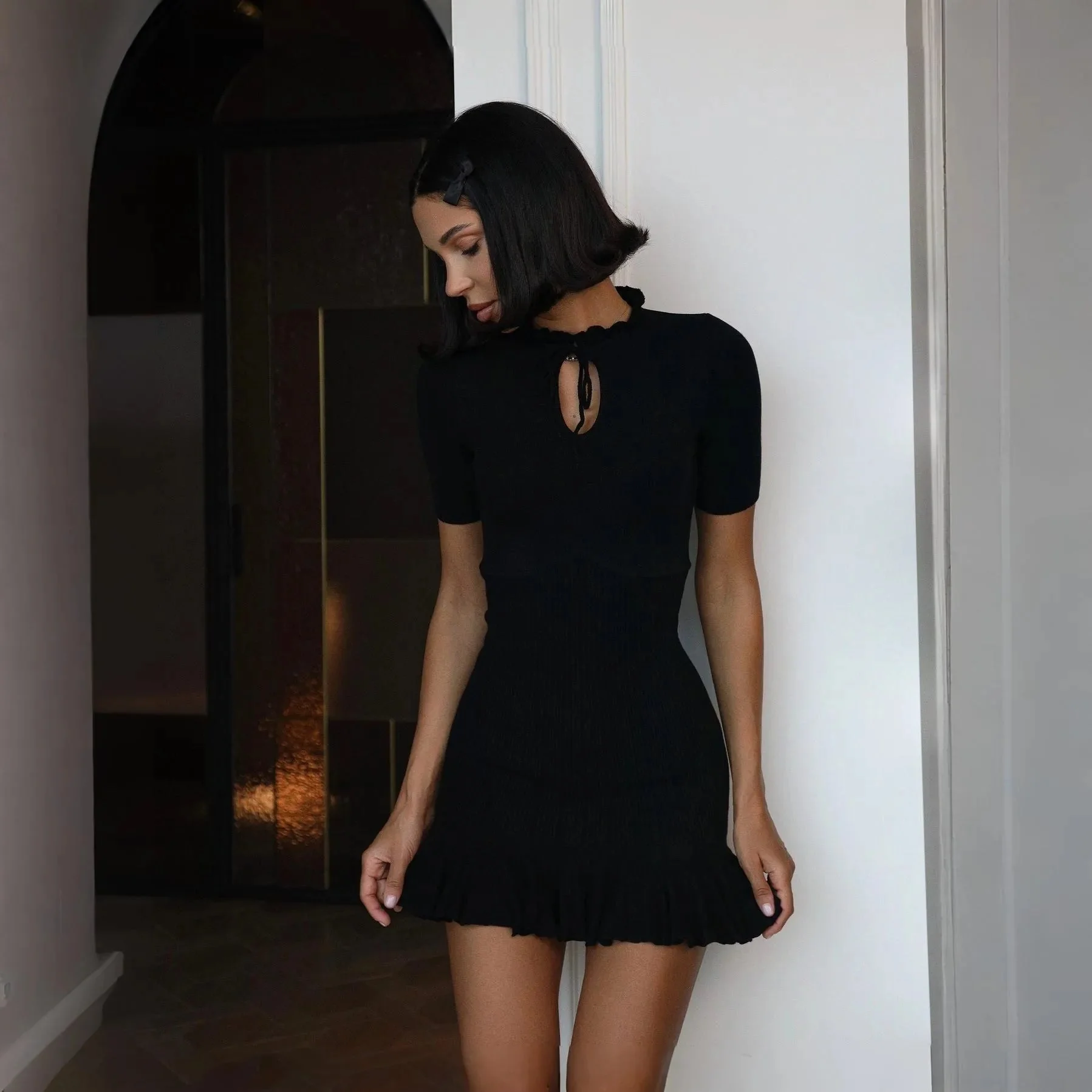 Elegant Ruffled Knit Mini Dress
