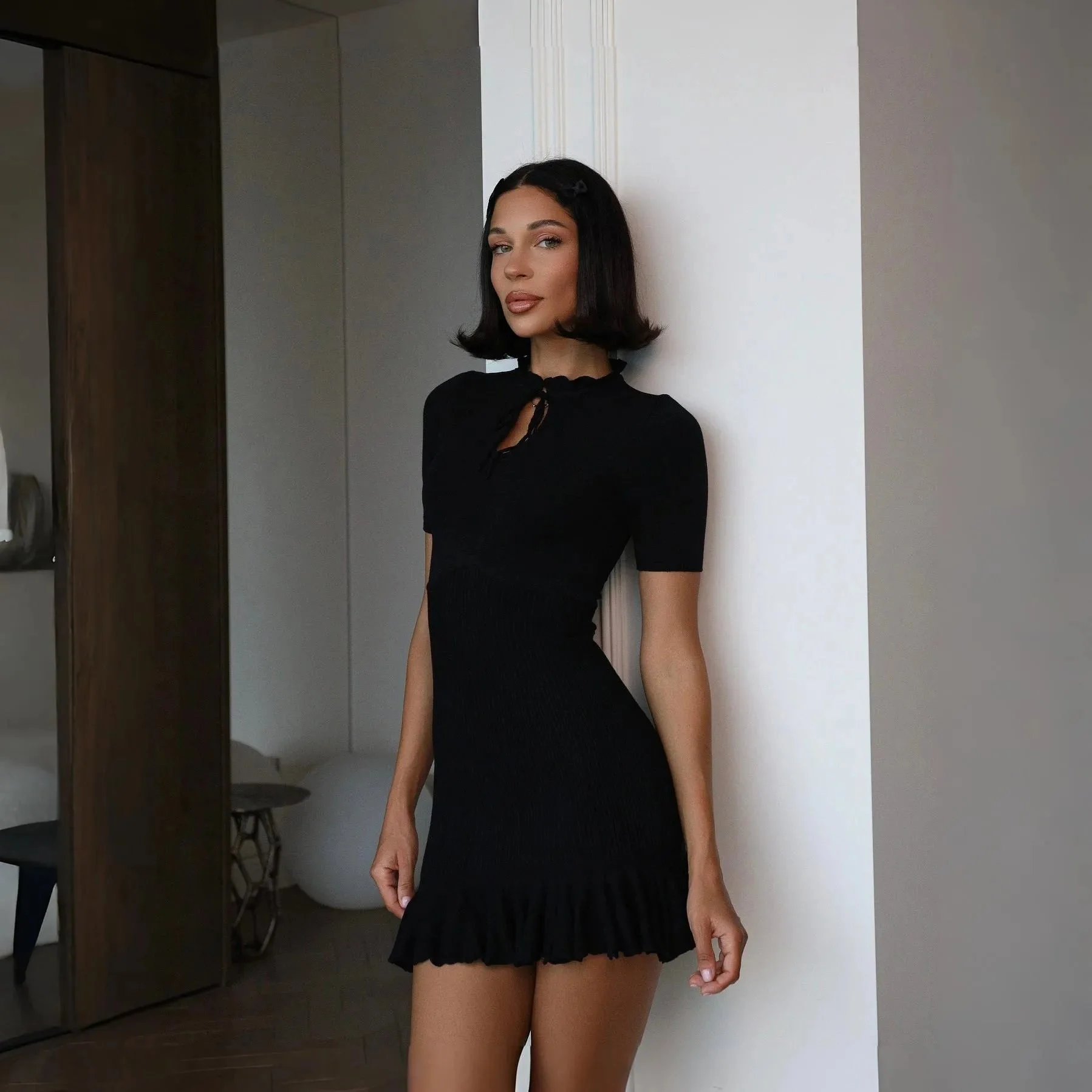 Elegant Ruffled Knit Mini Dress