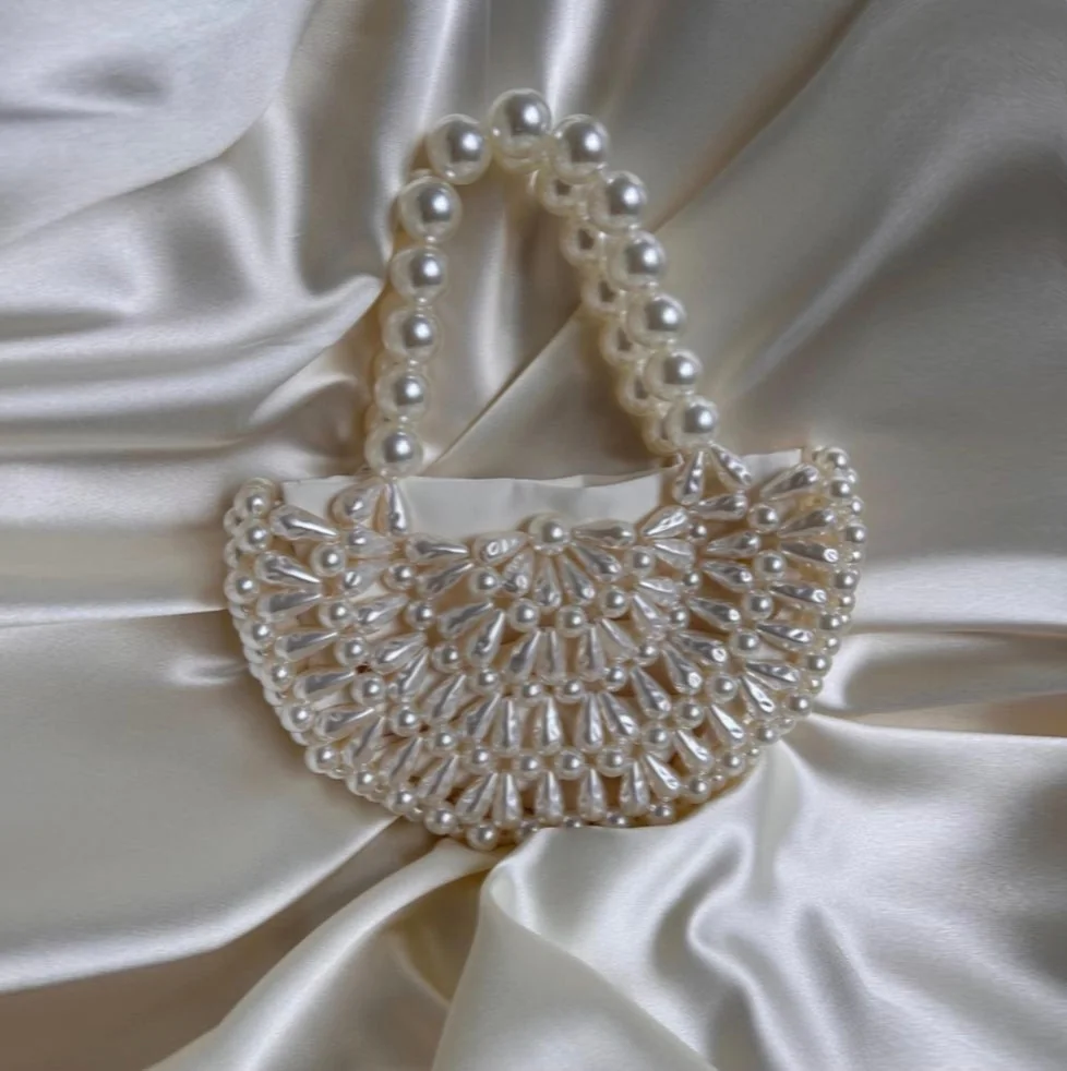Elegant Pearl Embellished Handbag in White