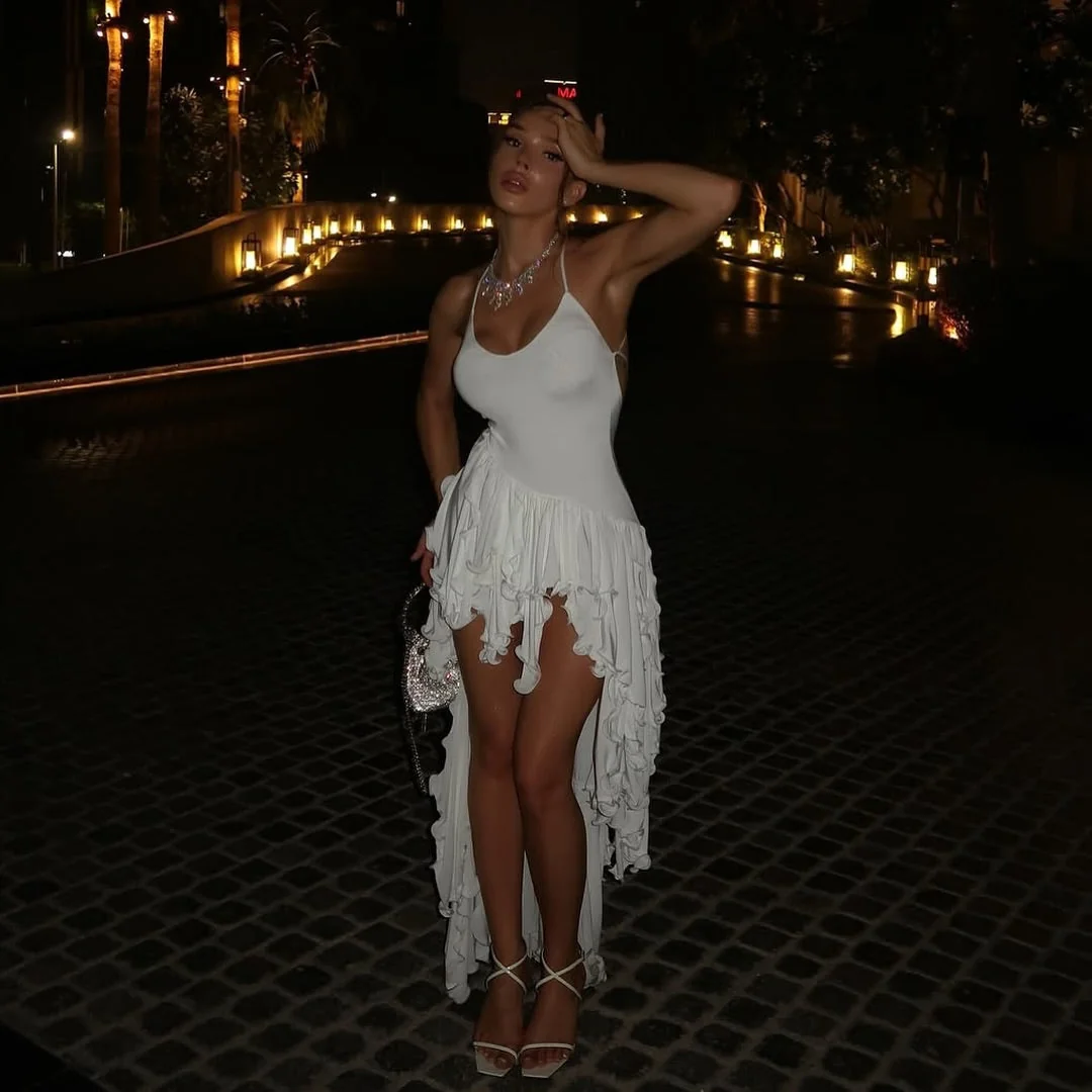 White Sweetheart Neckline Ruffled Midi Dress