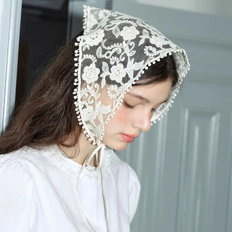 White Lace Hair Scarf Elegant Floral Design