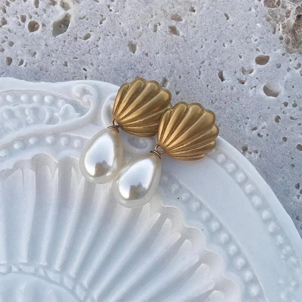 Gold Shell Pearl Drop Earrings - Elegant Fashion Jewelry