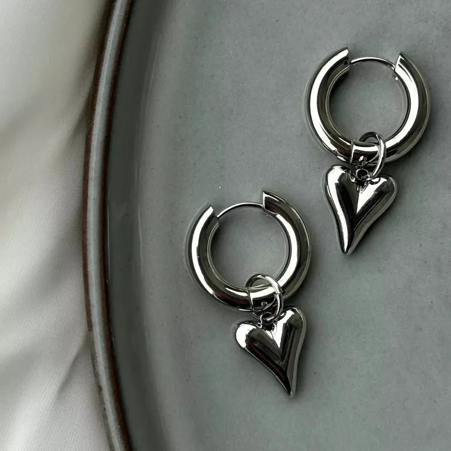 Silver Punk Heart Pendant Earrings