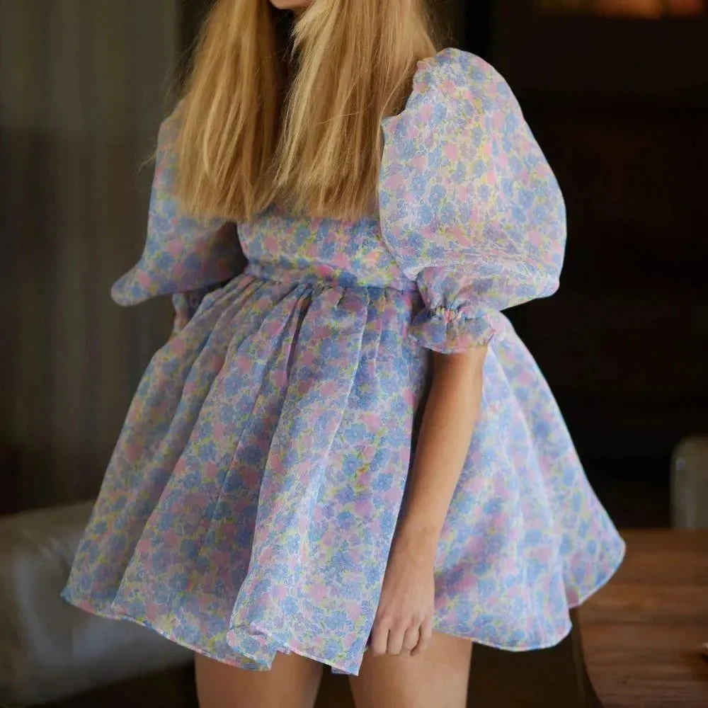 Pastel Floral Puff Mini Dress for Playful Elegance