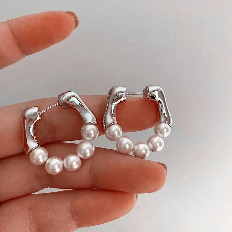 Elegant Aurora Pearl Hoop Earrings Gold Silver Dark Green