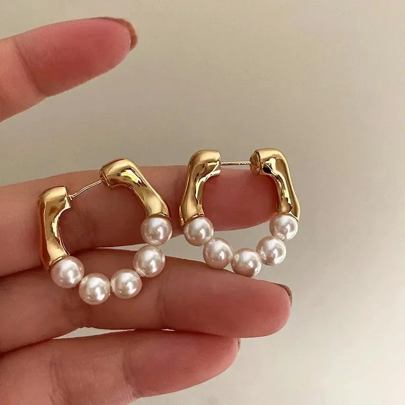 Elegant Aurora Pearl Hoop Earrings Gold Silver Dark Green