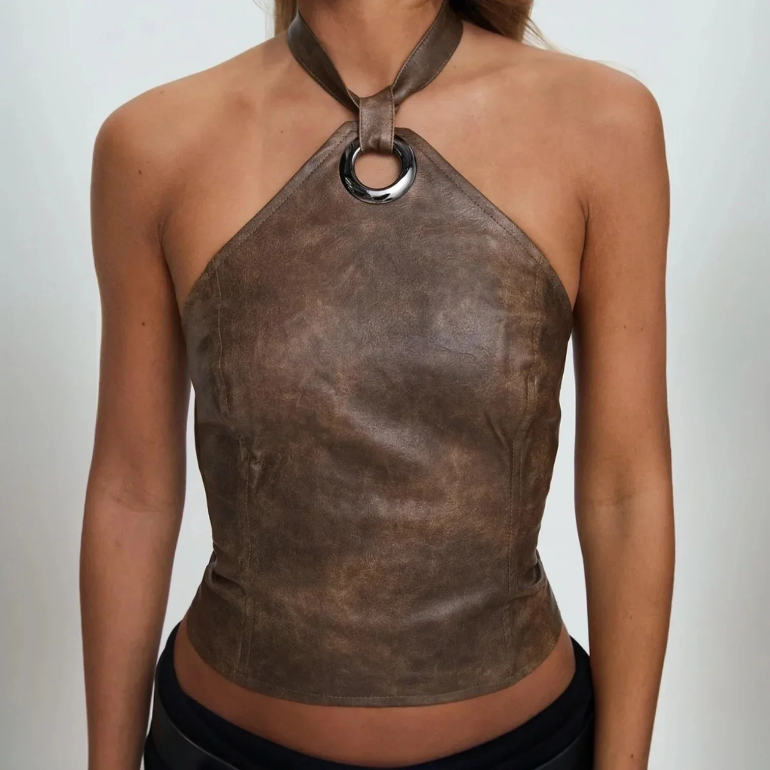 Brown Faux Leather Halter Crop Top