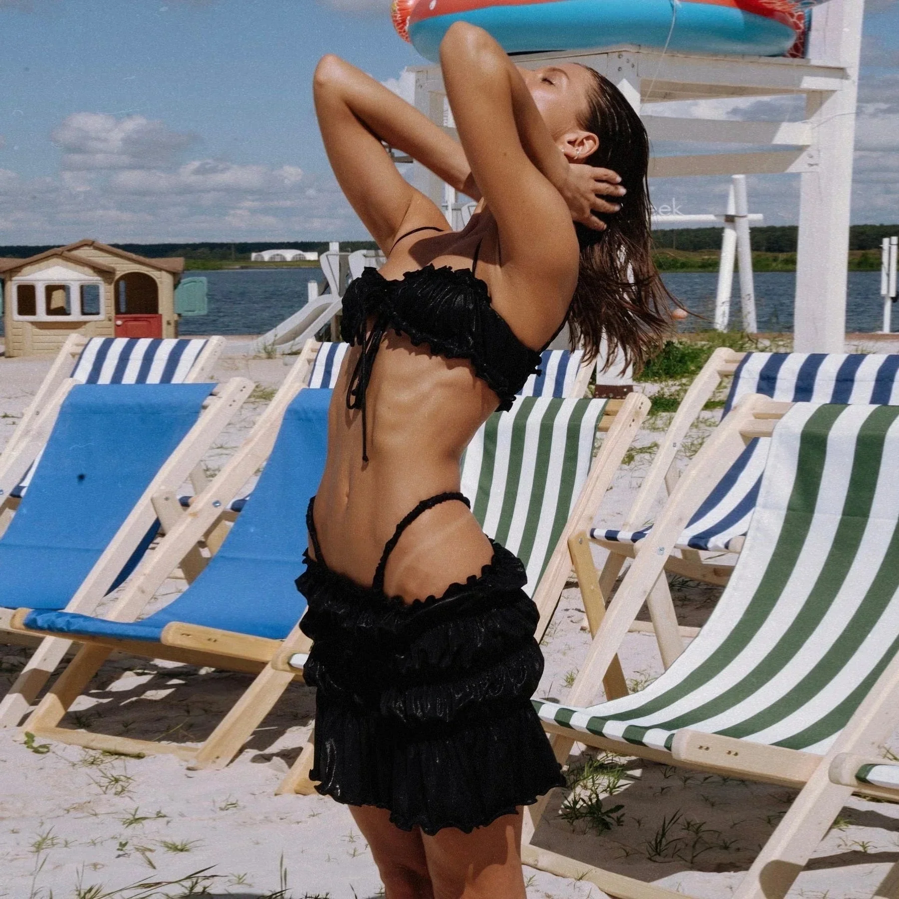 Chic Ruffled Matching Set in Light Blue & Black