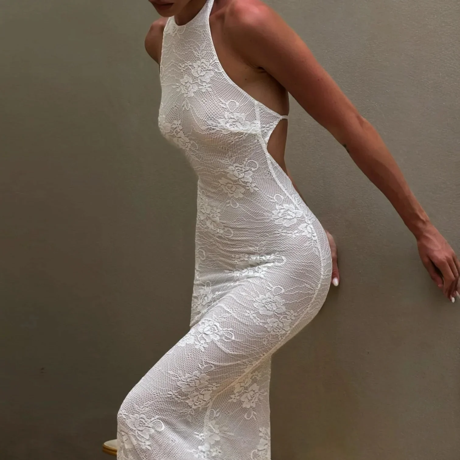 Sheer Lace Halter Maxi Dress in Modern Romance Style