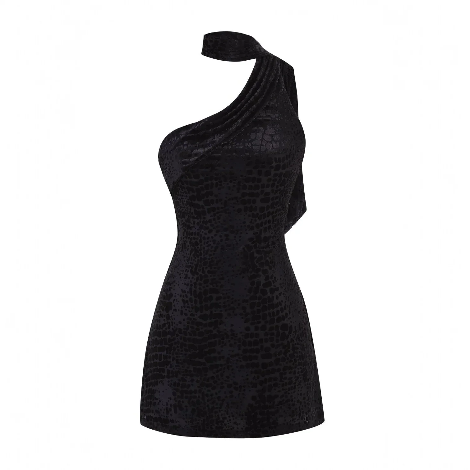 Velvet Mini Dress with Scarf Detail - Luxe One-Shoulder Silhouette