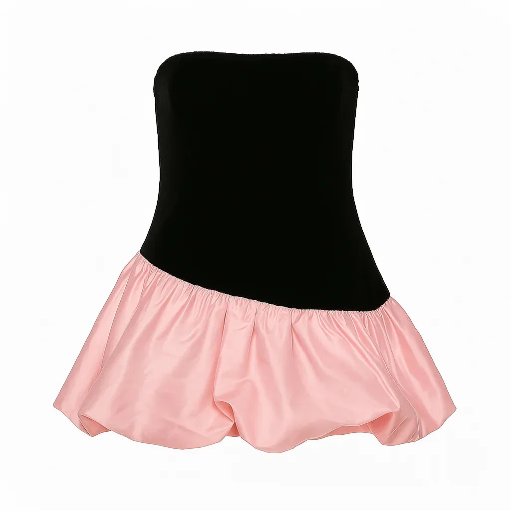 Bubble Hem Velvet Mini Dress in Black and Blush Pink