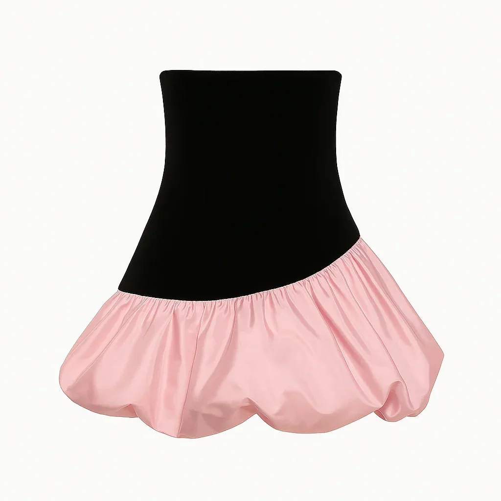 Bubble Hem Velvet Mini Dress in Black and Blush Pink