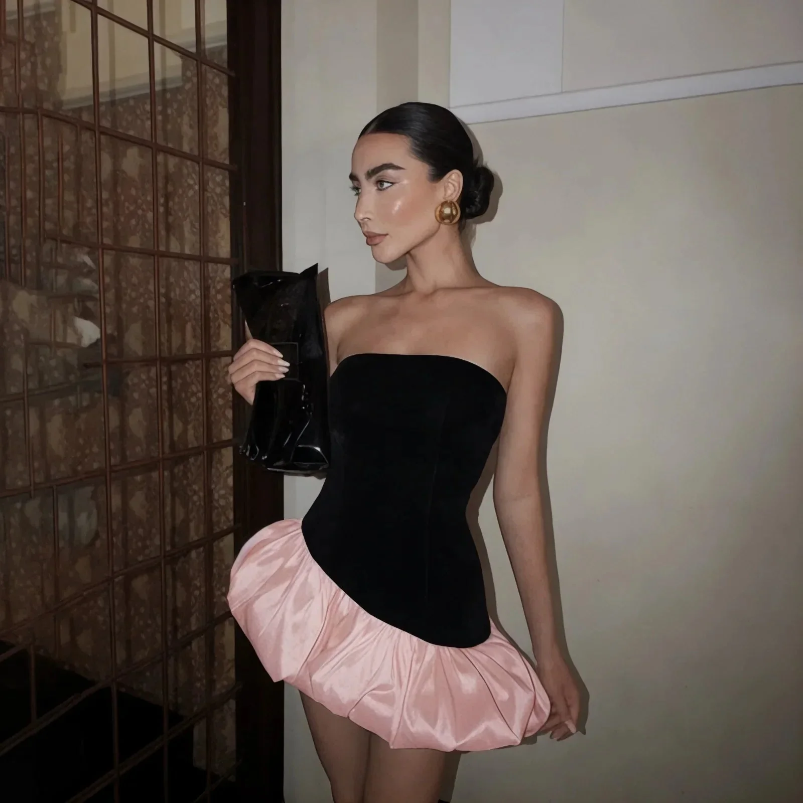 Bubble Hem Velvet Mini Dress in Black and Blush Pink